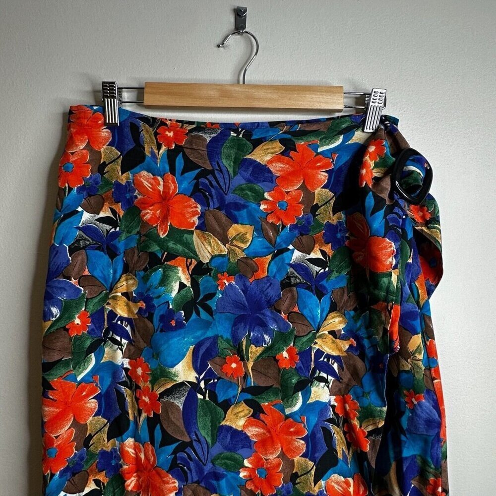 Vintage Express Skirt Womens Sz 9 Silk Blue Multicolor Floral Wrap Maxi Y2K 90s - Picture 5 of 12